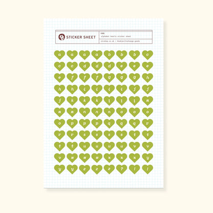 Alphabet Hearts Sticker Sheet — Olive Green