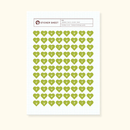 Alphabet Hearts Sticker Sheet — Olive Green