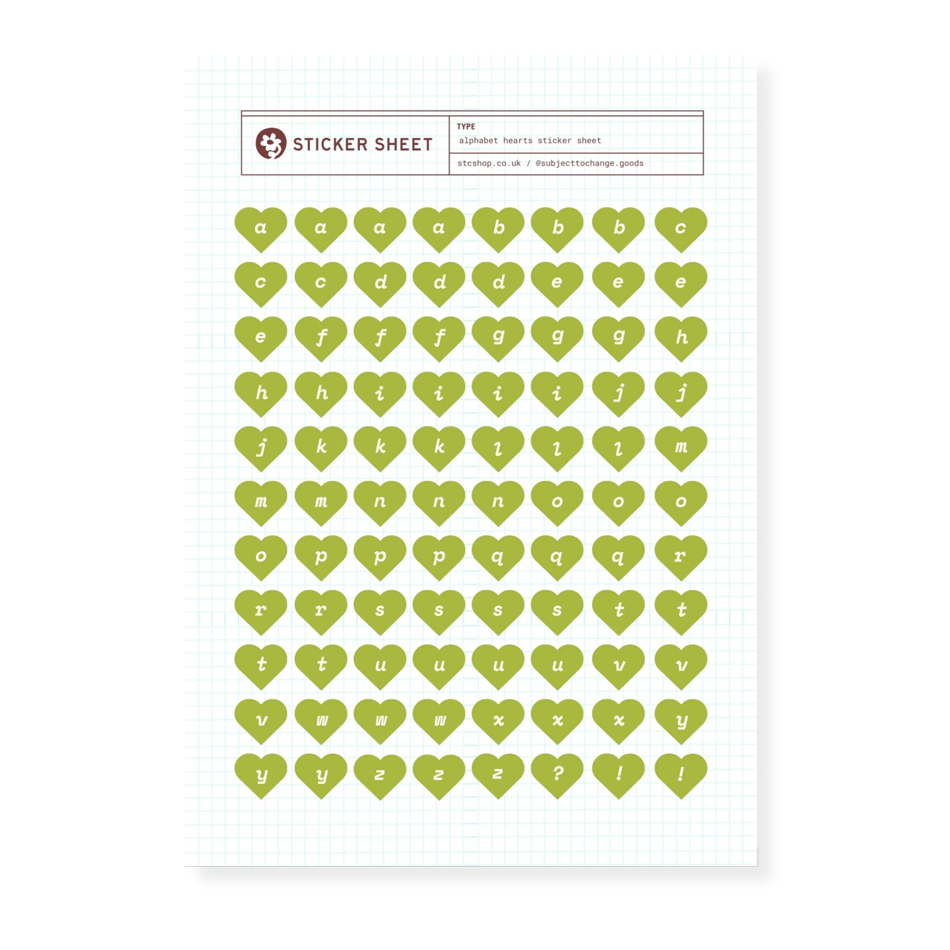 Alphabet Hearts Sticker Sheet — Olive Green