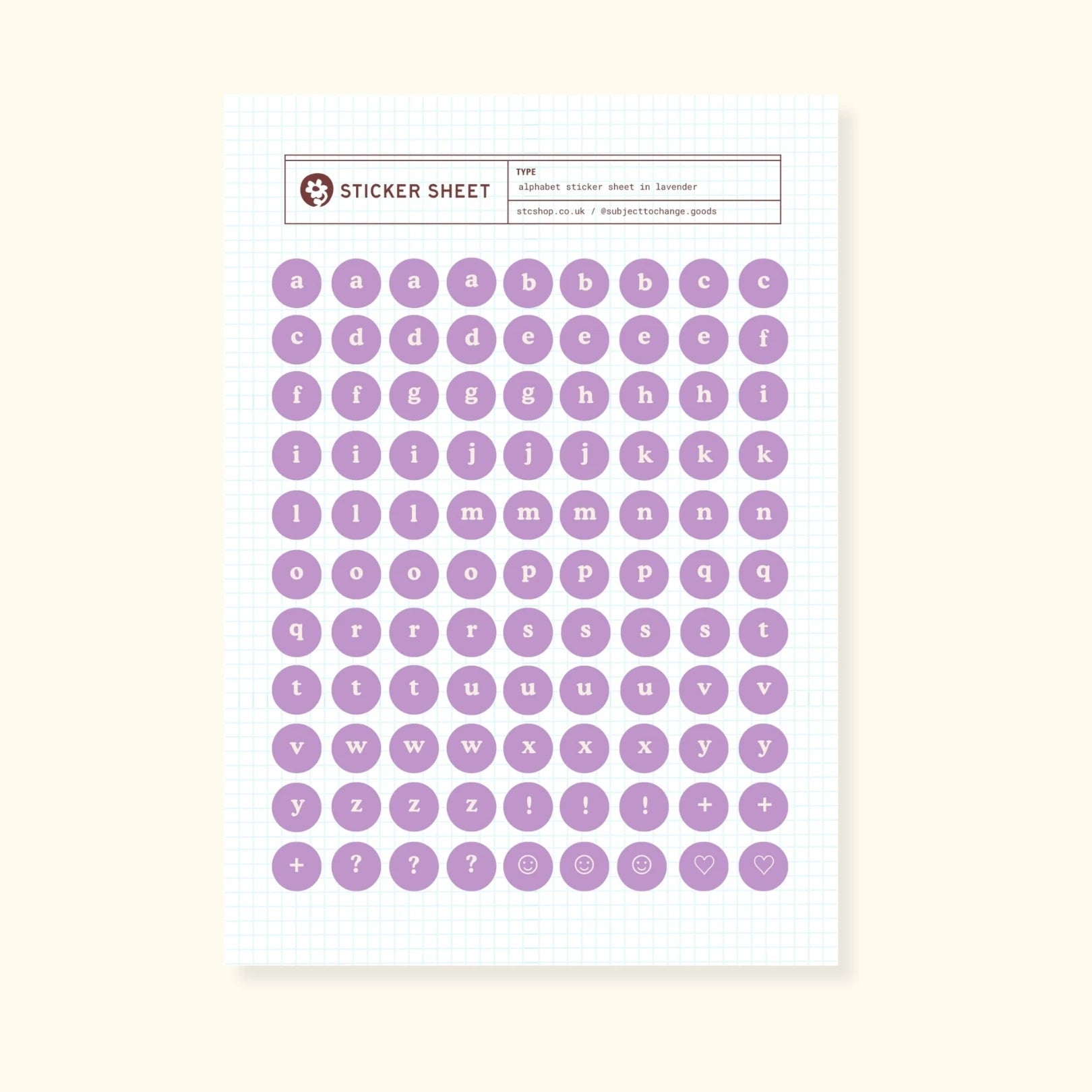 Alphabet sticker sheet, lavender circles design