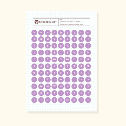 Alphabet sticker sheet, lavender circles design