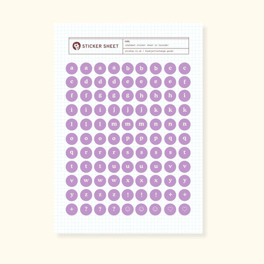 Alphabet sticker sheet, lavender circles design