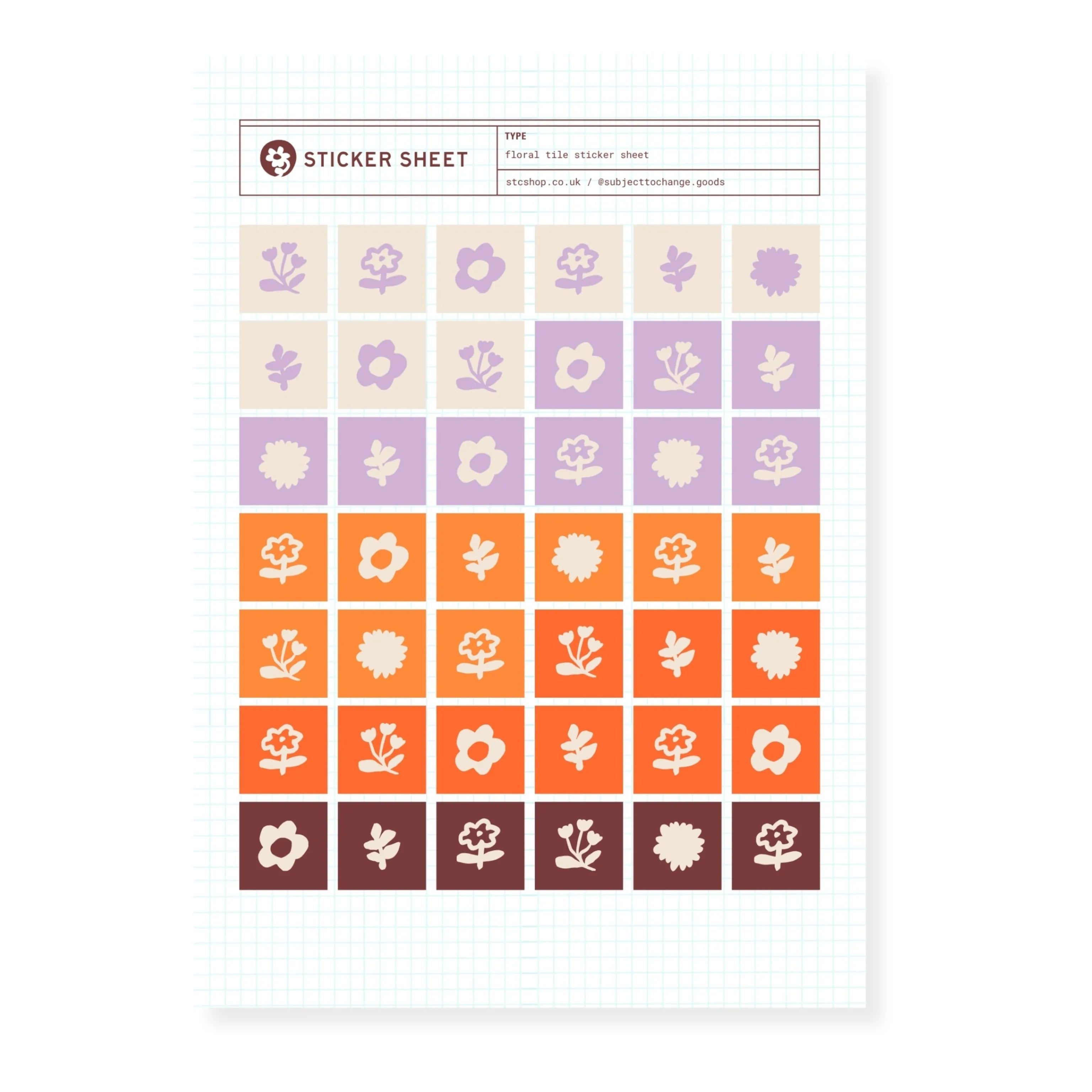 Floral Tile Sticker Sheet — Purple & Orange