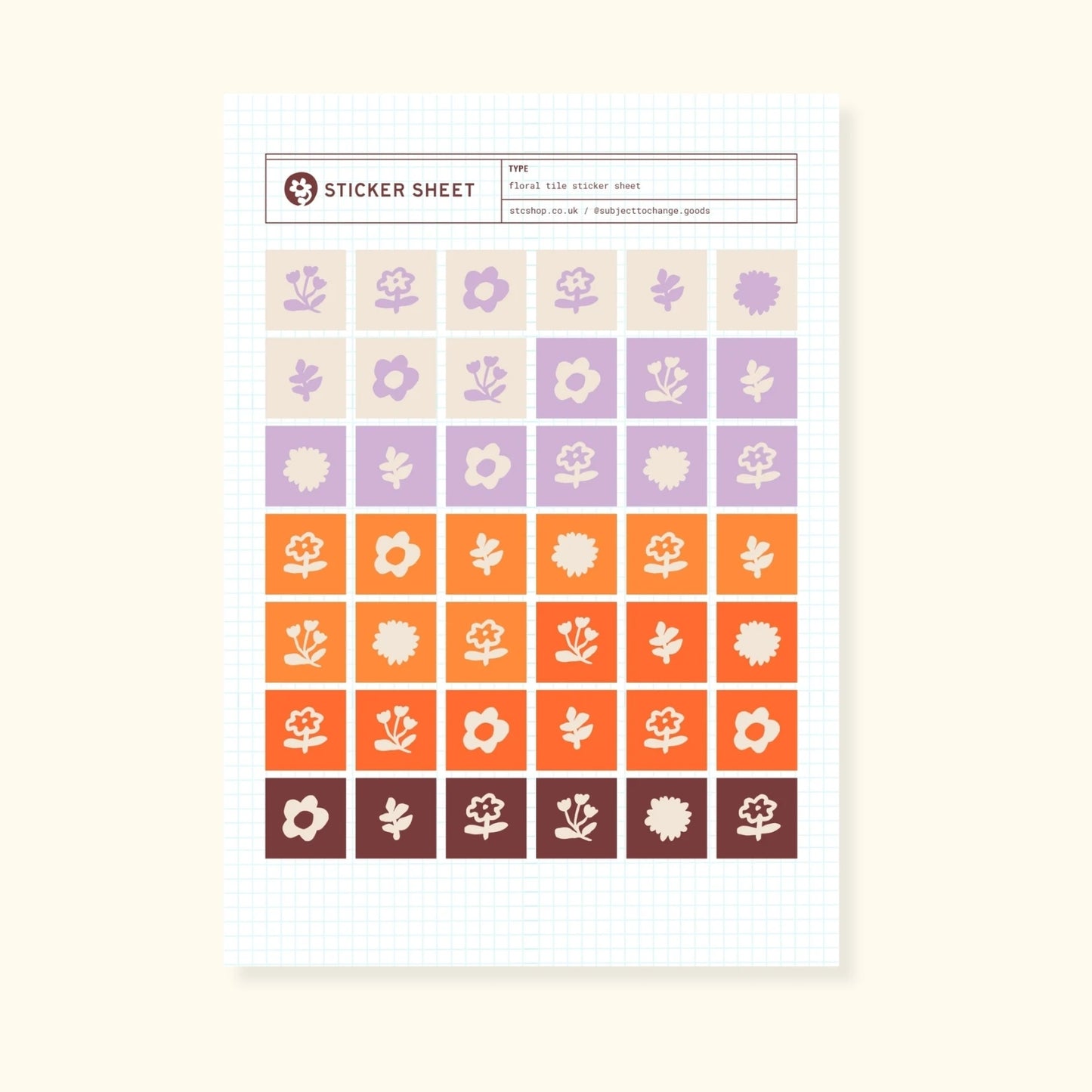 Floral tile sticker sheet, purple and orange