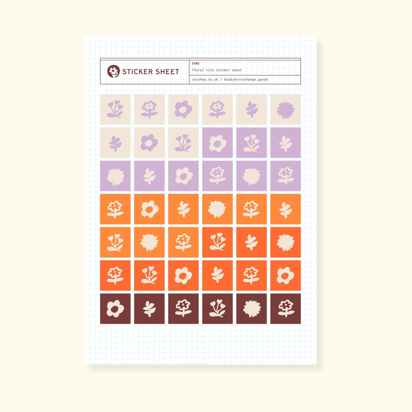 Floral tile sticker sheet, purple and orange