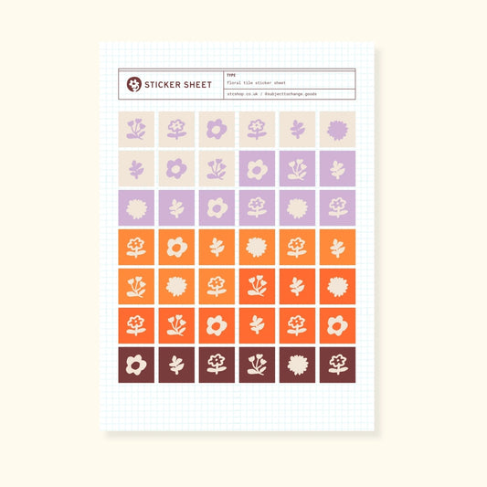 Floral tile sticker sheet, purple and orange