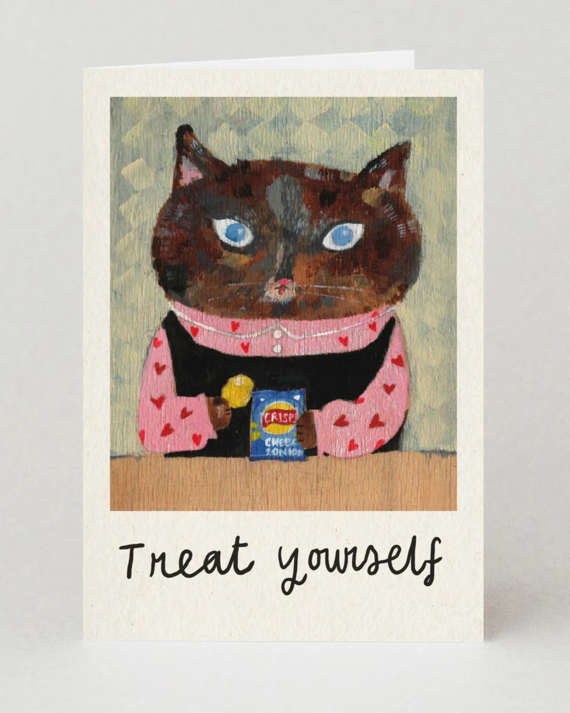 Card with a cat illustration and 'Treat yourself' text on a light gray background