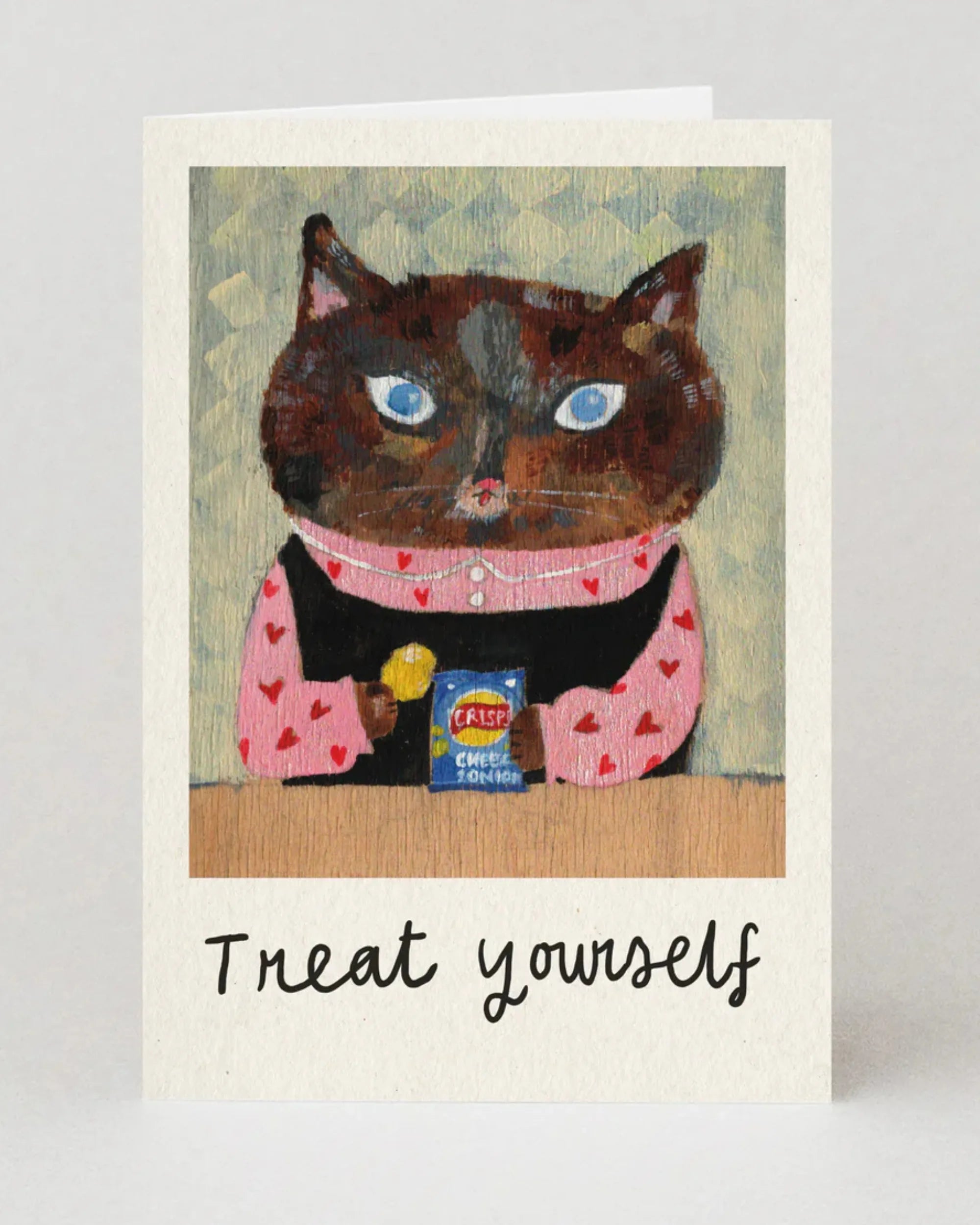 Card with a cat illustration and 'Treat yourself' text on a light gray background