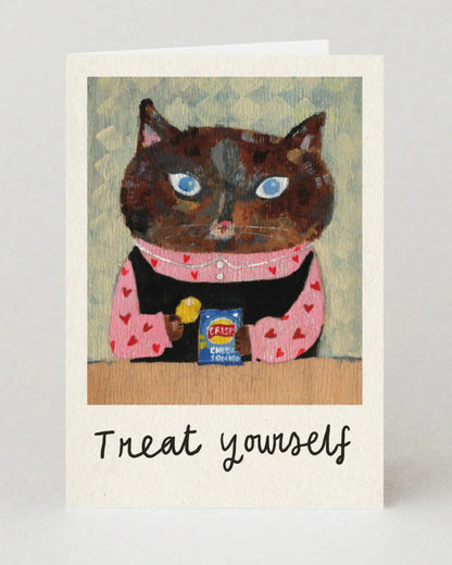 Card with a cat illustration and 'Treat yourself' text on a light gray background