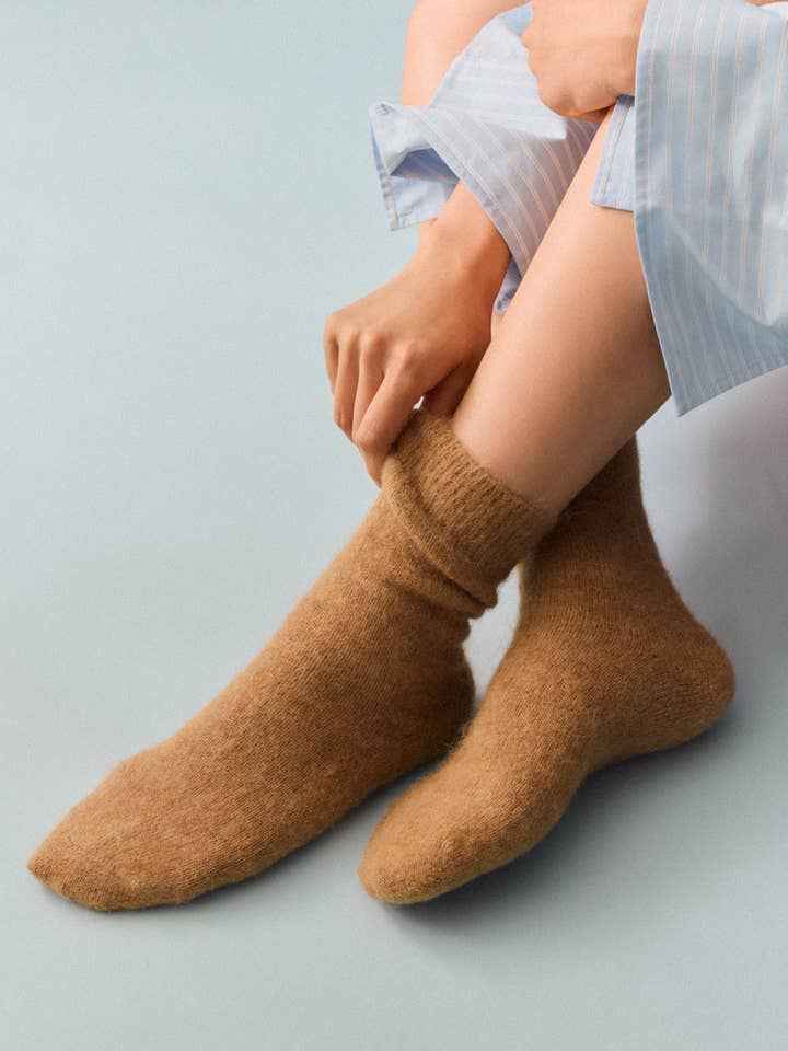 Person wearing brown socks on a light gray background